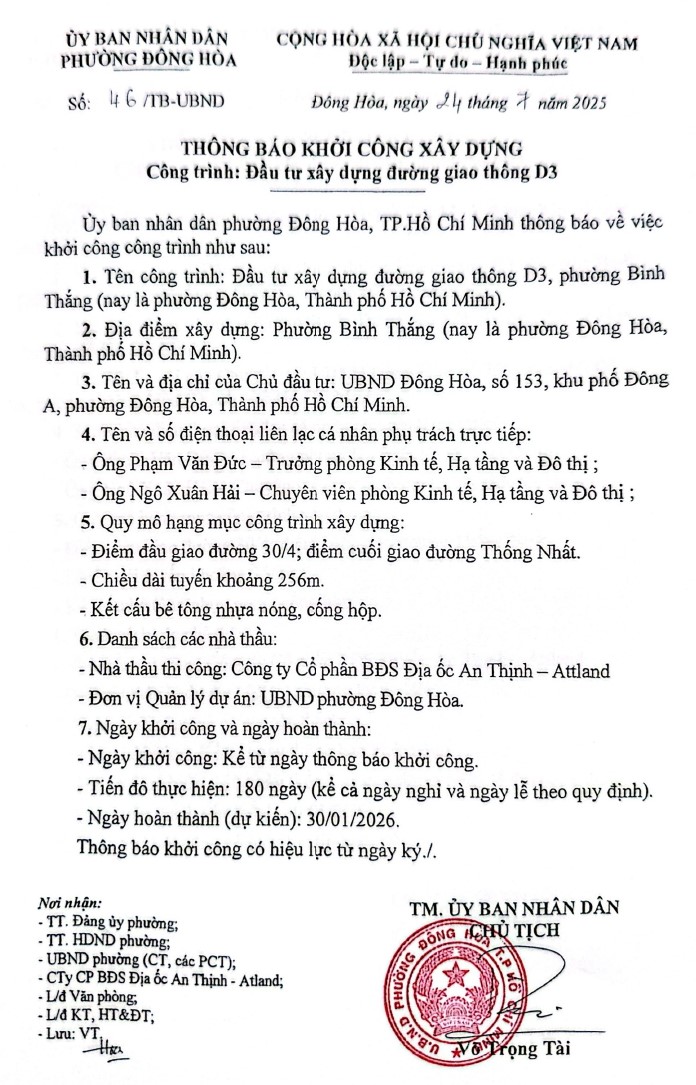 Khởi Công đường D3 Mặt Tiền Dự án Artstella