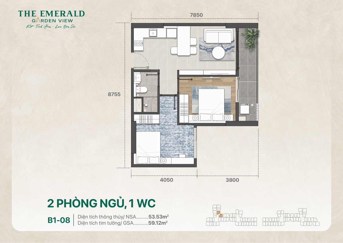 Thiết kế căn 2PN 1WC B1-08