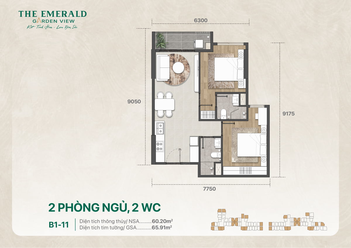 Thiết kế căn hộ 2PN 2WC B1-11