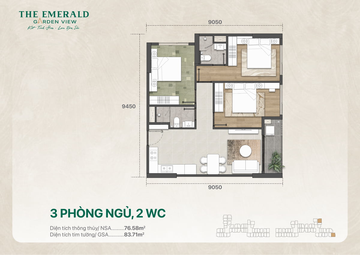 Thiết kế căn hộ 3PN 2WC